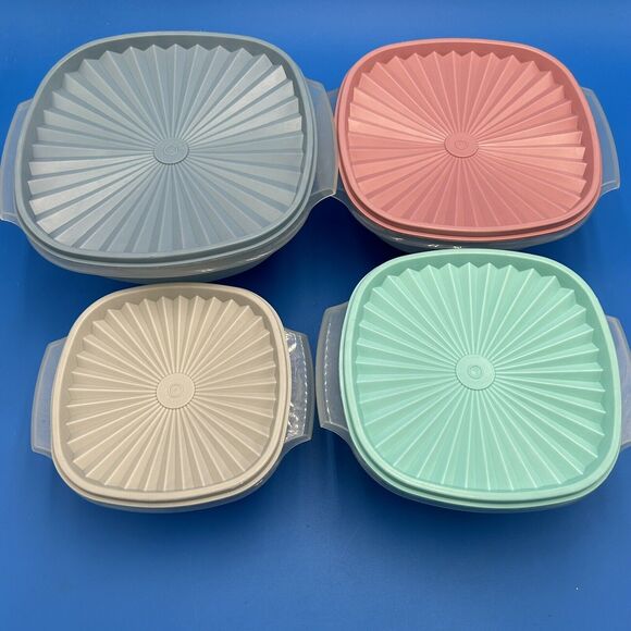 Vintage Tupperware Servalier Bowls Set 4 Sunburst Lid Seal Pink Aqua Almond Blue - Picture 4 of 16